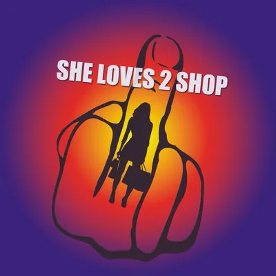 SHE LOVES 2 SHOP debut album cover with an orange-red glow, black shopping bag outline and shopper silhouette