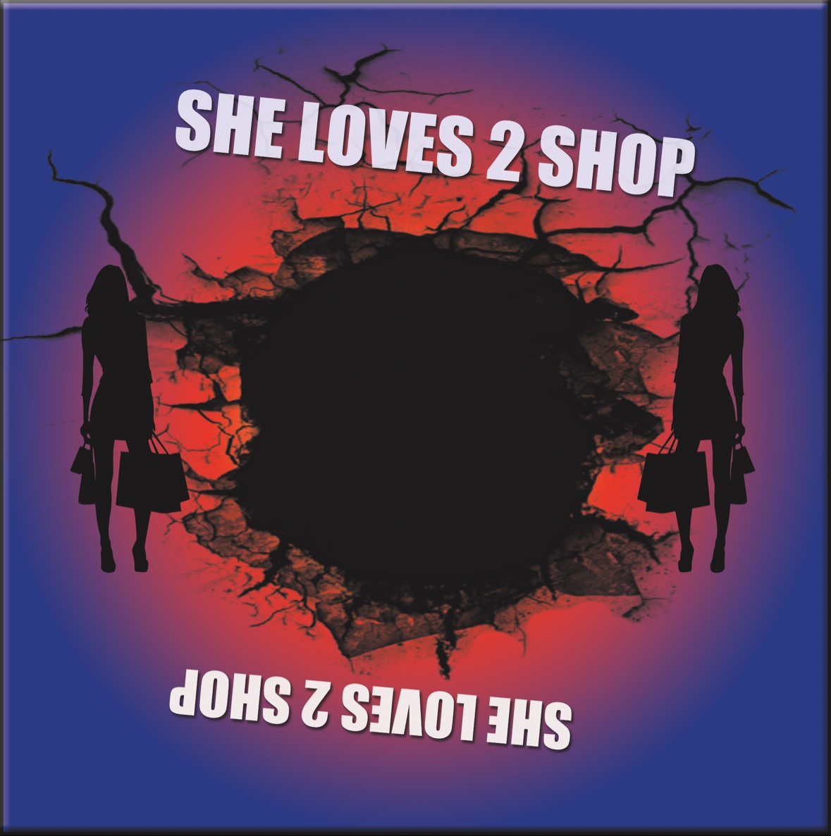 Cracked-ground She Loves 2 Shop artwork with two shopper silhouettes