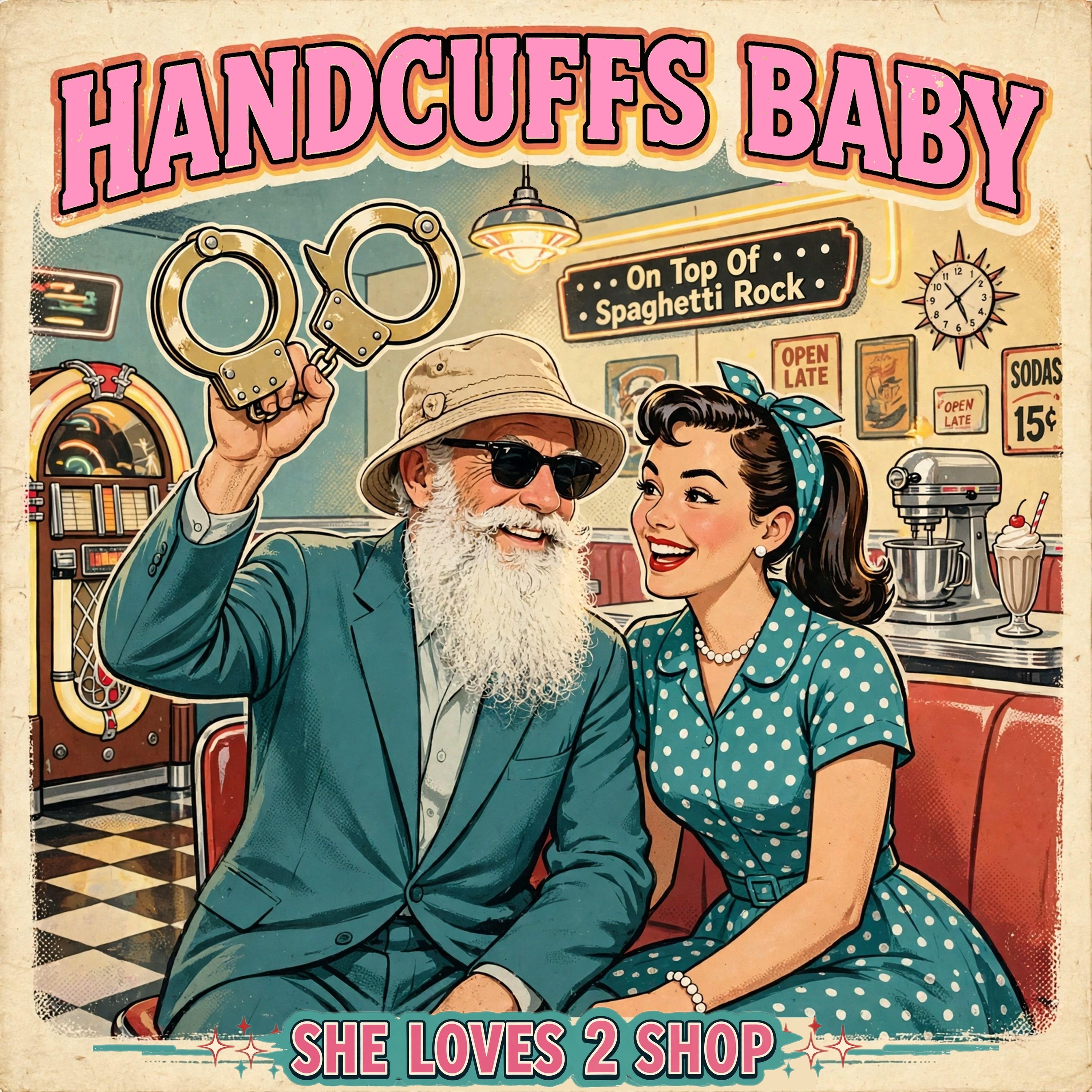 HANDCUFFS BABY single cover featuring Greg Wiggs holding oversized handcuffs in a vintage diner beside a woman in a teal polka-dot dress