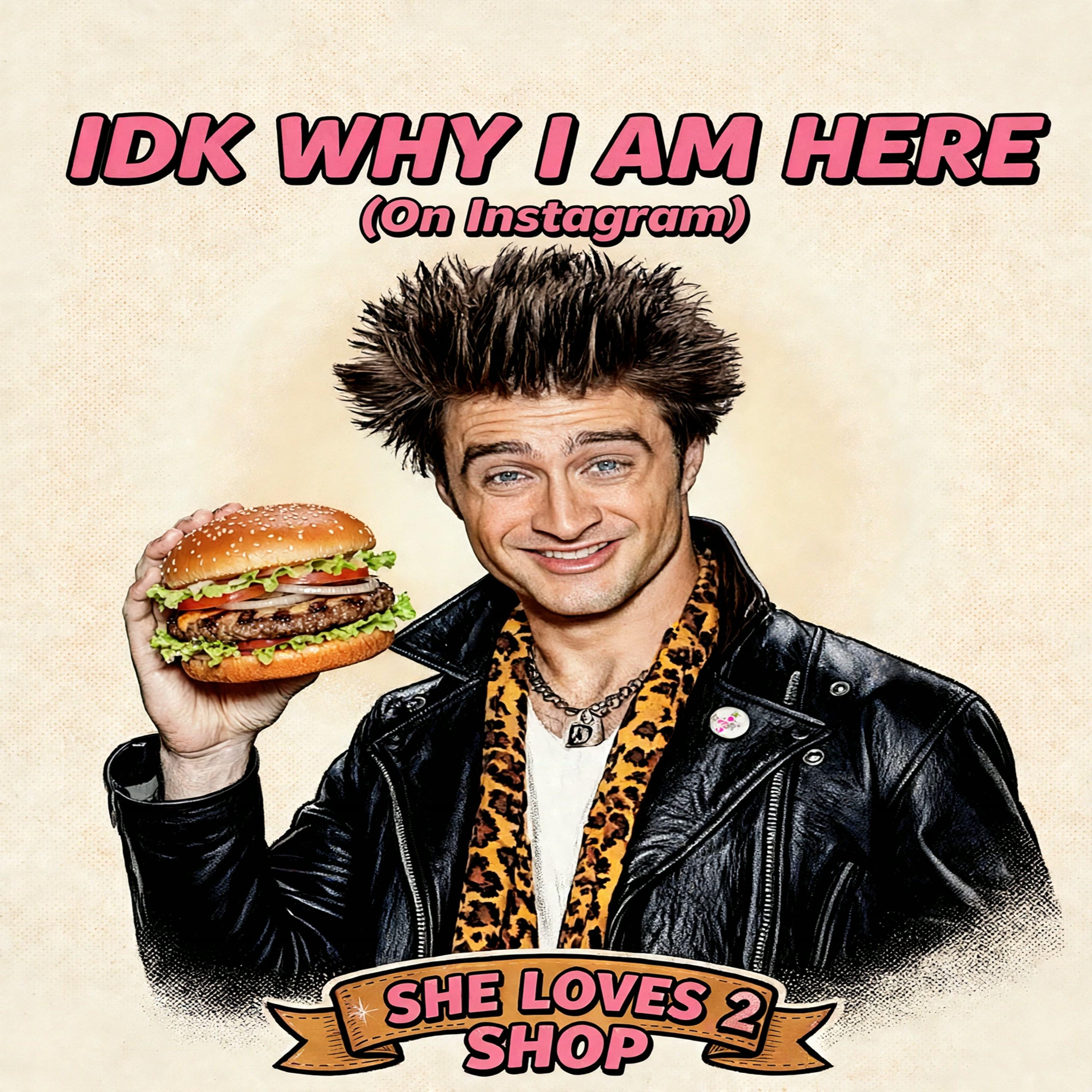 IDK WHY I AM HERE (On Instagram) single cover featuring a young punk-styled man in a leather jacket holding a hamburger